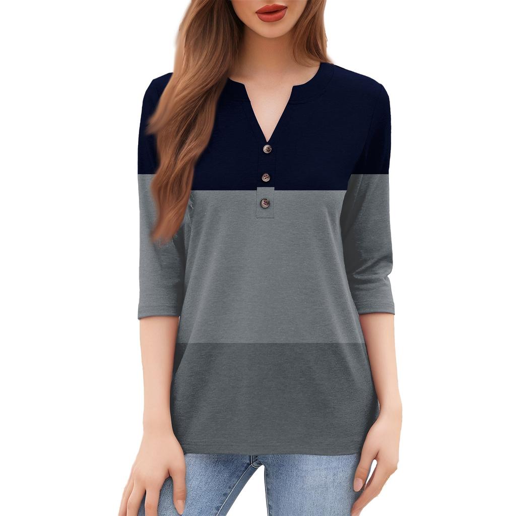 Женская мода повседневный свободный топ с рукавом 3/4 и круглым вырезом