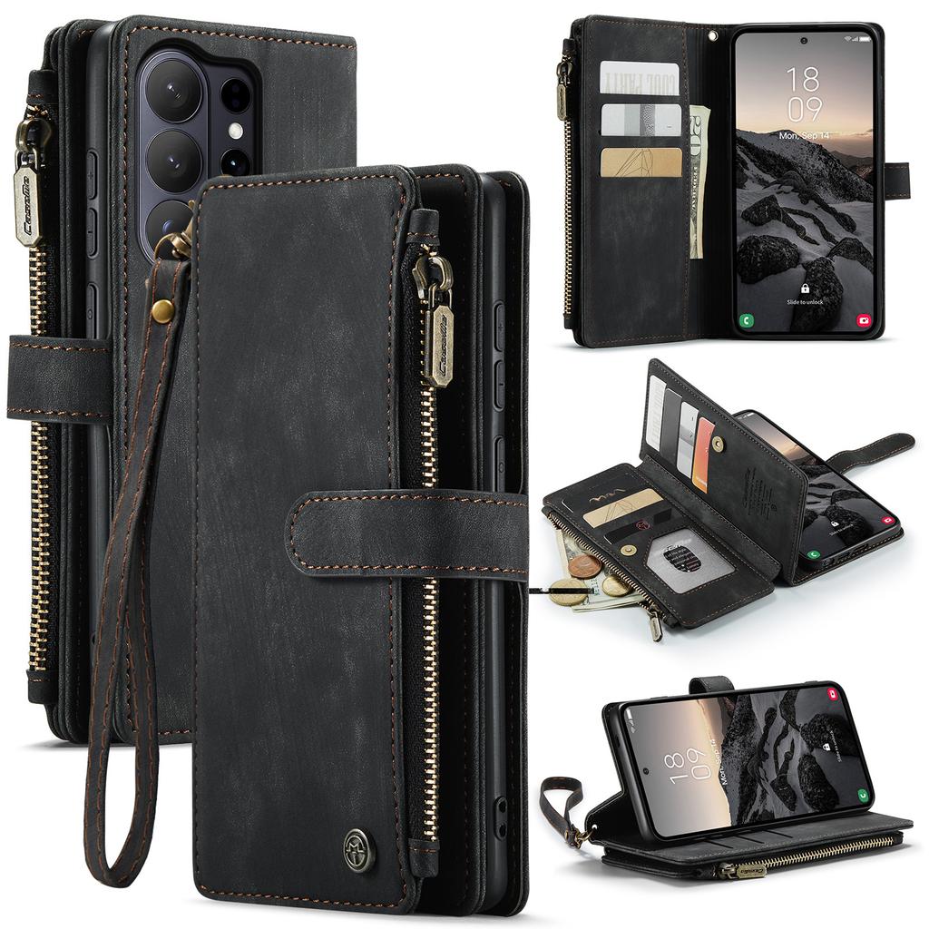 Чехлы для телефона Samsung Galaxy S26 Ultra со шнурком CASEME C30 на молнии с держателем для нескольких карт Обложка из ПУ кожи