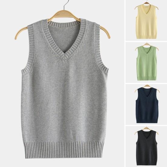 Yousheng Женский вязаный жилет с V-образным вырезом без рукавов с ребристой отделкой Однотонный жилет Топы Осень Зима Свободный трикотаж