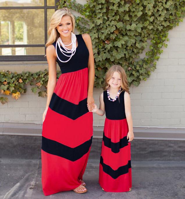 Stunning Color-blocking Blue And Red Striped Maxi Dress For Women And Kids