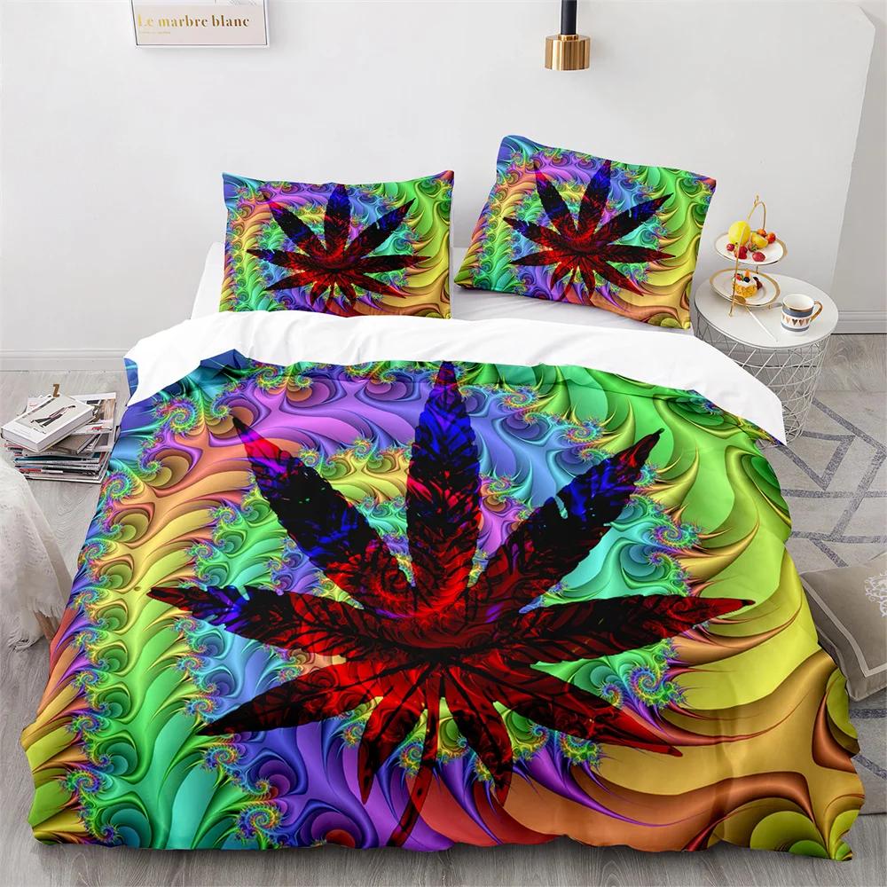 Weed Green Leaf Duvet Cover Watercolor Purple Blue Polyester King Queen Maple Leaf Duvet Cover For Women Men Bedroom Decoration