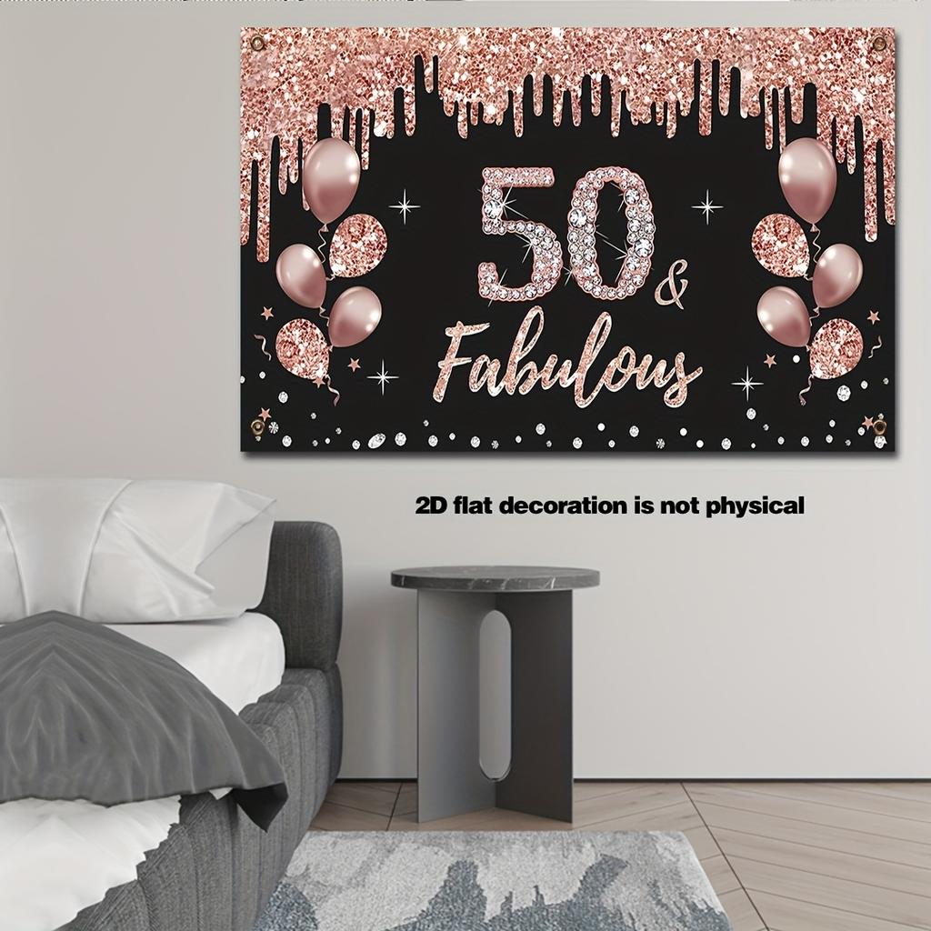 50th Birthday Party Banner - Pink Glitter Design, "50 & Fabulous" Text, Balloons and Star Design, Polyester