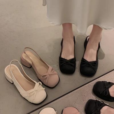 Французские сандалии с бантом на носке женские 2025 лето новые с юбкой темперамент средний каблук одинарная обувь толстый каблук высокие каблуки