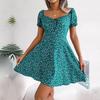 Women Spring Summer Casual Flared Sleeve Drawstring Lace-Up Floral Swing Dress S-XXL