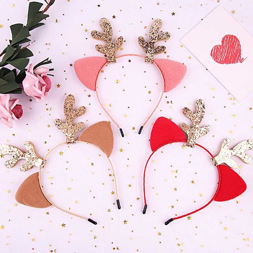 Рождественская повязка на голову с блестящими рогами и кошачьими ушками из мультфильма для девочек, детские головные уборы, украшения для рождественской вечеринки, дня рождения