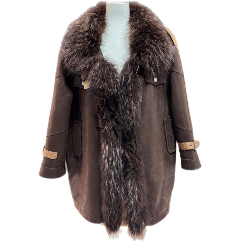 ~ Excellent Fur, Raccoon Fur Collar, Suede Jacket, Down Jacket