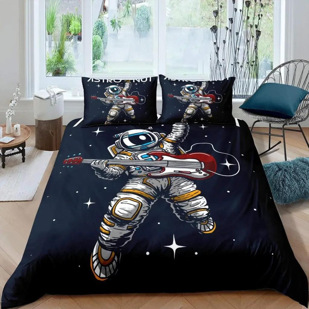 Astronaut Duvet Cover Set Astronaut Playing Guitar Bedding Set Teen Boys Kids Galaxy Stars Outer Space Polyester Comforter Cover