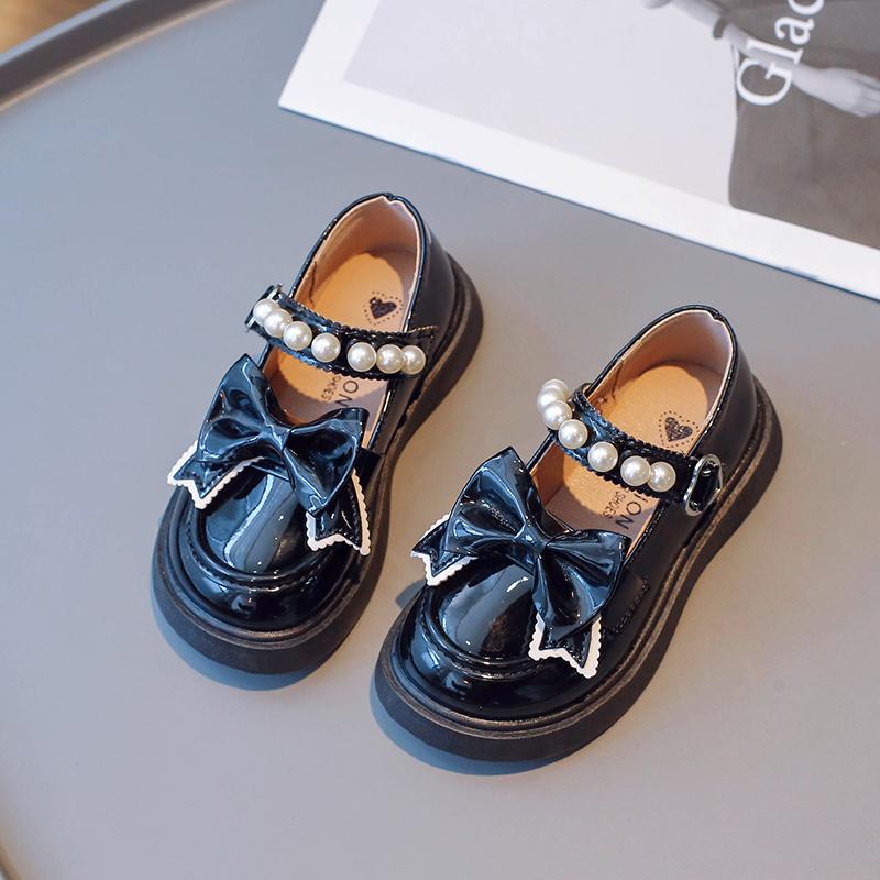 Children Shallow Leather Shoes for Girls Bow 2024 Pearls Cute Glossy Versatile Soft Breatheable Simple Non-slip Princess Loafers