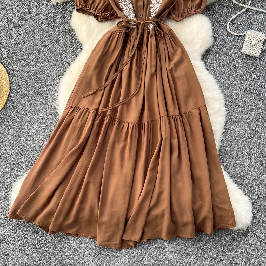 Винтажное платье с круглым вырезом для женщин с рукавами-фонариками, вышитыми шнуровкой, платья А-силуэта, однотонные лоскутные пуговицы, летнее платье