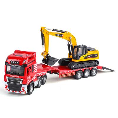1/48 Платформенный прицеп с экскаватором Модели Игрушки Металлические Литье под давлением Звук Свет Двери Открываются Игрушка Строительная техника для Мальчиков Подарки
