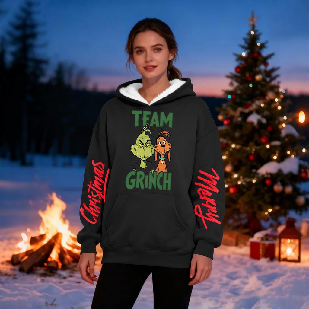 Women's Casual Fashion Plus Velvet Thickened Christmas Print Hooded Sweatshirt