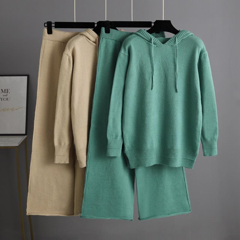 Fall Winter Hooded Sweater Knit Suit Solid Color Long Pants Two Piece Set