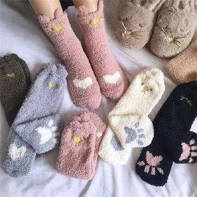 Женские зимние носки из кораллового флиса с кошачьими лапками, домашние плюшевые носки для сна, носки для пола