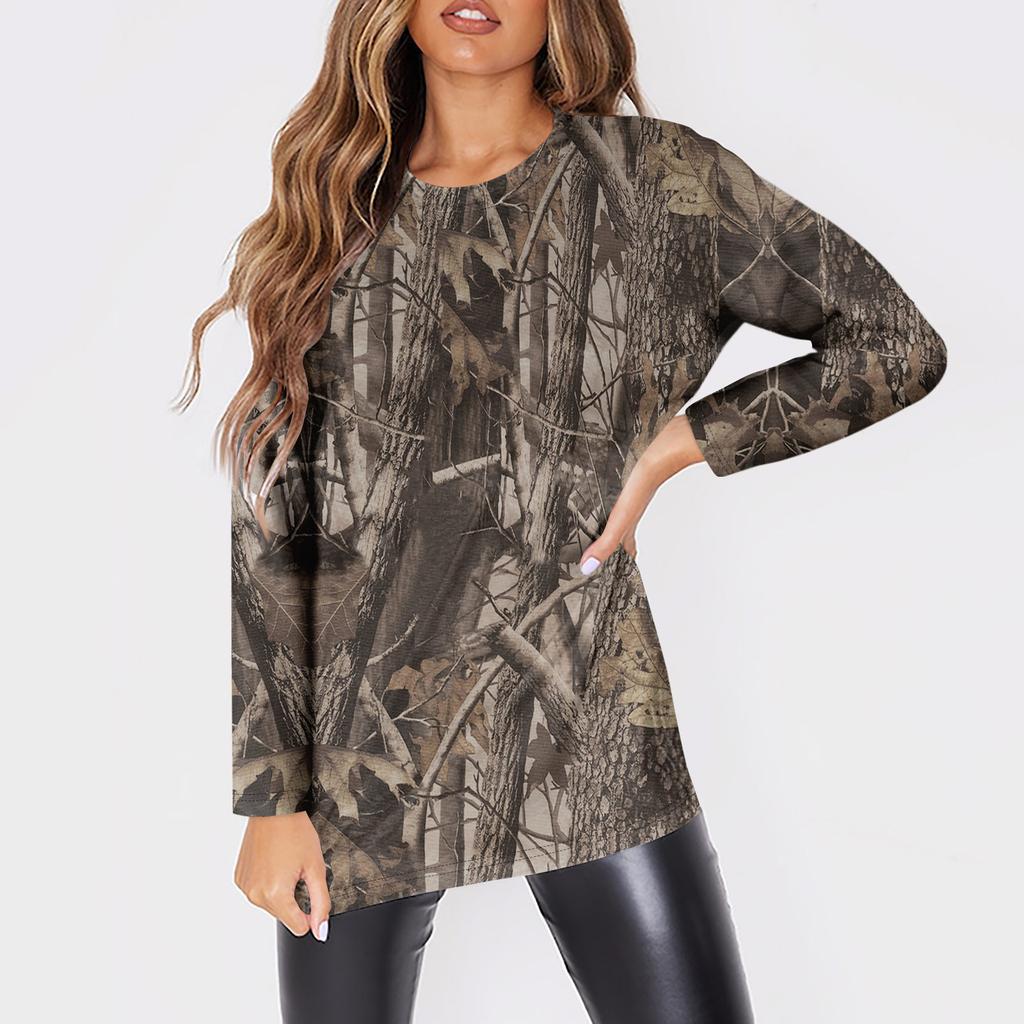Женская мода O-образный вырез с длинным рукавом рабочая одежда с карманами принтованные топы летние топы для женщин