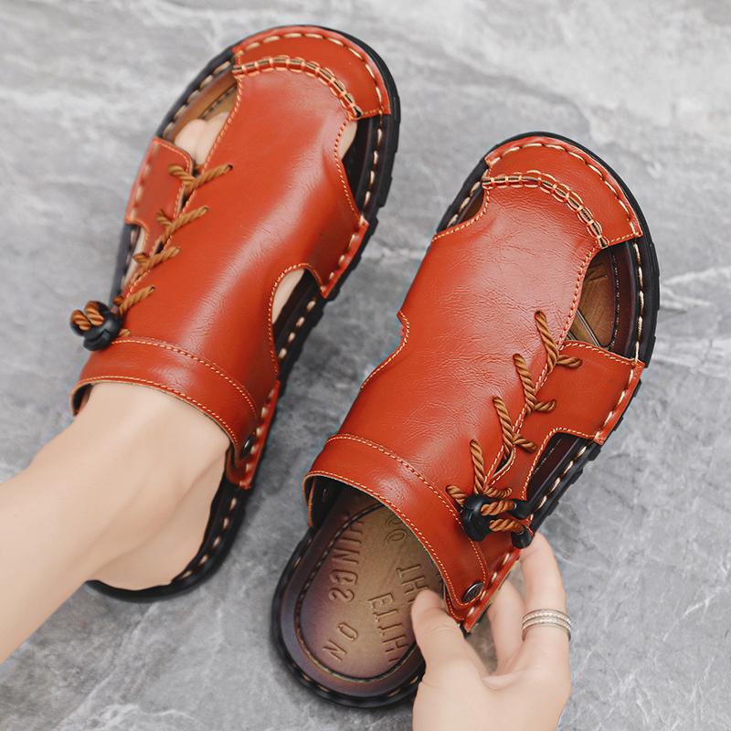 Кожаные мужские пляжные сандалии для воды, летние уличные повседневные спортивные сандалии с закрытым носком, нескользящие мягкие походные забродные кроссовки