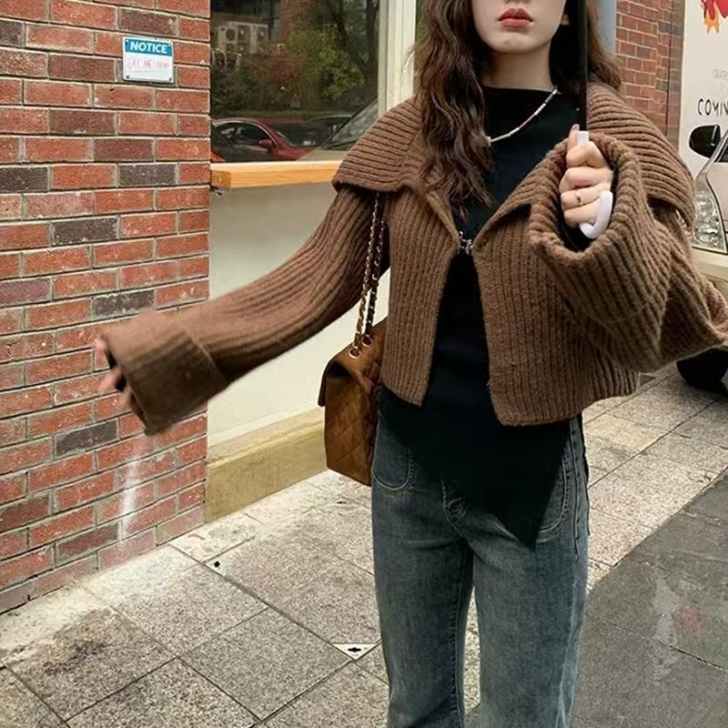 Элегантный вязаный кардиган женский короткий свитер куртка весна и осень длинный рукав повседневный корейская мода лацканы пальто однотонный простой офисная одежда