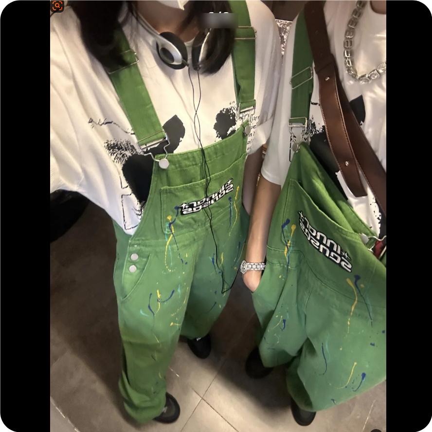 Ink-splashing Denim Overalls, American Retro Inkjet Tooling Overalls, Loose Casual Men's and Women's Trousers, Hiphop Tide