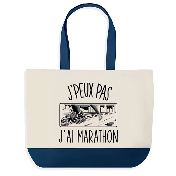 Sac cabas - PLANETEE - J'peux pas Marathon - Fond bleu - Coton 40 x 45 cm - Fabriqué en France