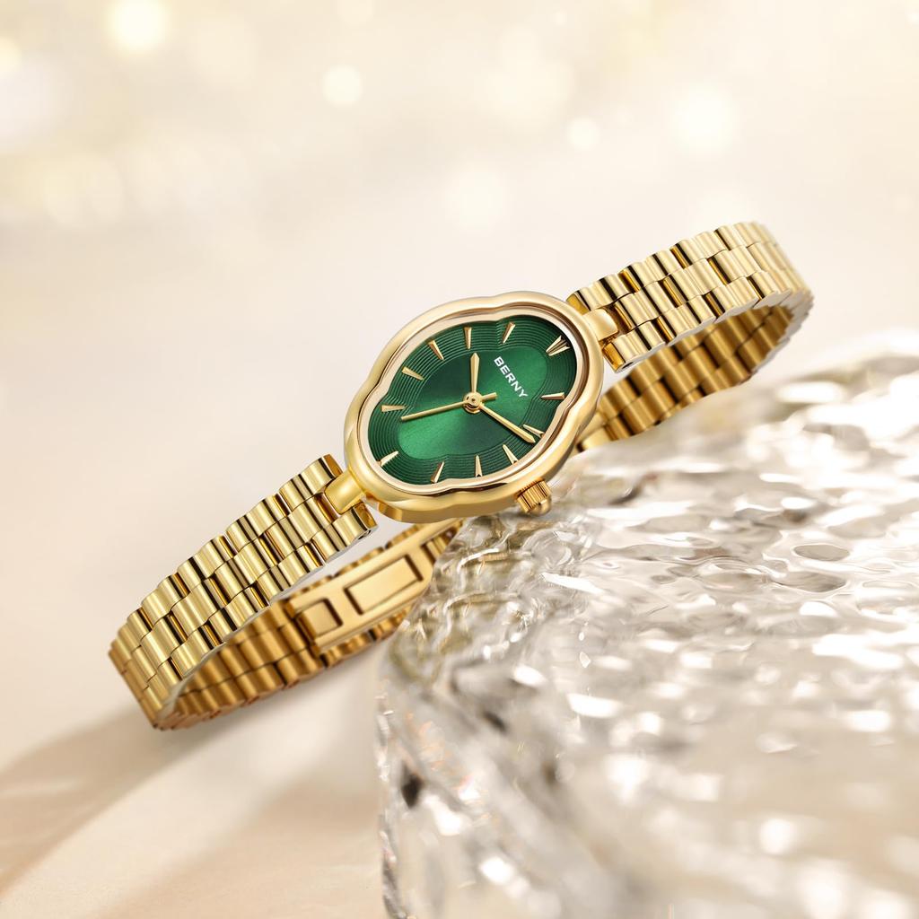 BERNY Часы женские золотые часы женские часы винтажные медные зеркальные японские кварцевые часы механизм 3ATM водонепроницаемые все из нержавеющей стали модные женские