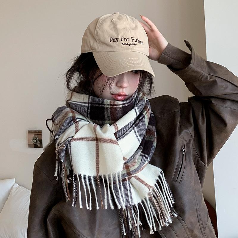 Новый Атмосферный Имитация Кашемира Клетчатый Шарф С Кисточками Для Женщин Осенью И Зимой С Утолщенным Бархатом И Утеплителем Для Шеи