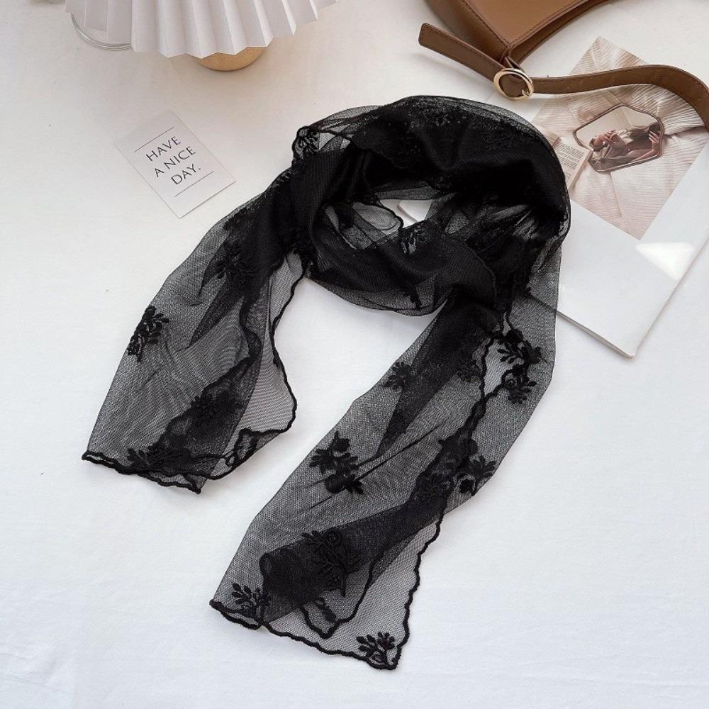 Literary Retro Women's Lace Scarf Solid Color Long Silk Scarf Floating Embroidery Flower Korean Version Sunscreen Shawl