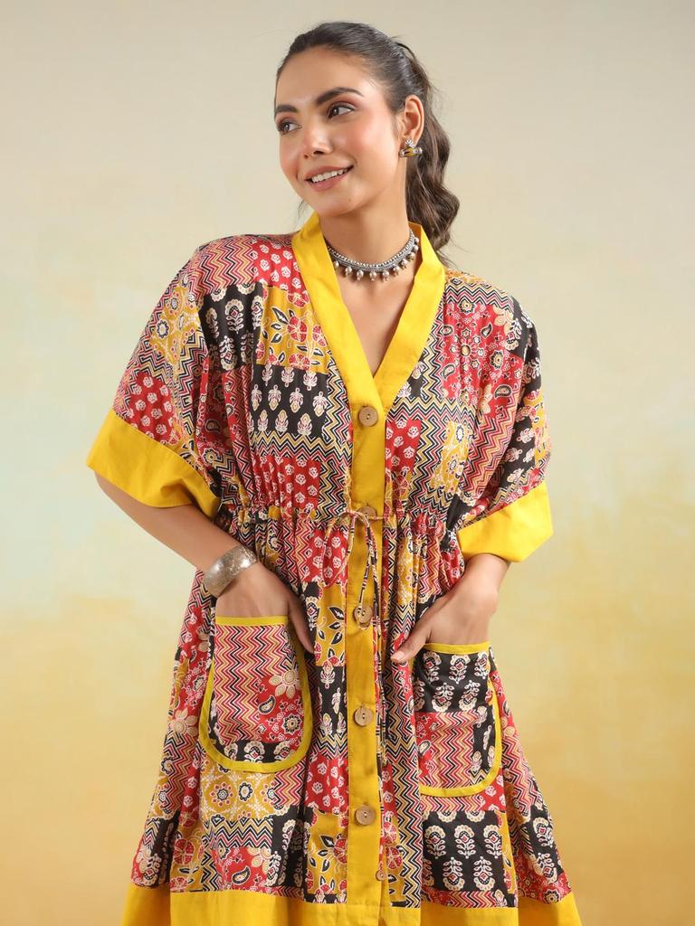 Верхняя туника из хлопка с ручным принтом, кафтан, туника из хлопка с карманами, свободного кроя, туника свободного размера, красно-желтый кафтан, ограниченный тираж