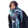 Korean drama atmosphere blue scarf women's winter extended warm imitation cashmere scarf male student plaid windproof shawl