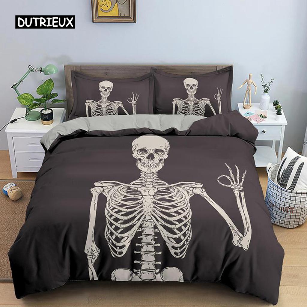 Пододеяльник со скелетом, комплект постельного белья из микрофибры, двойной размер, Хэллоуин, забавный скелет, черепа, кости, одеяло, покрывало для детей и подростков