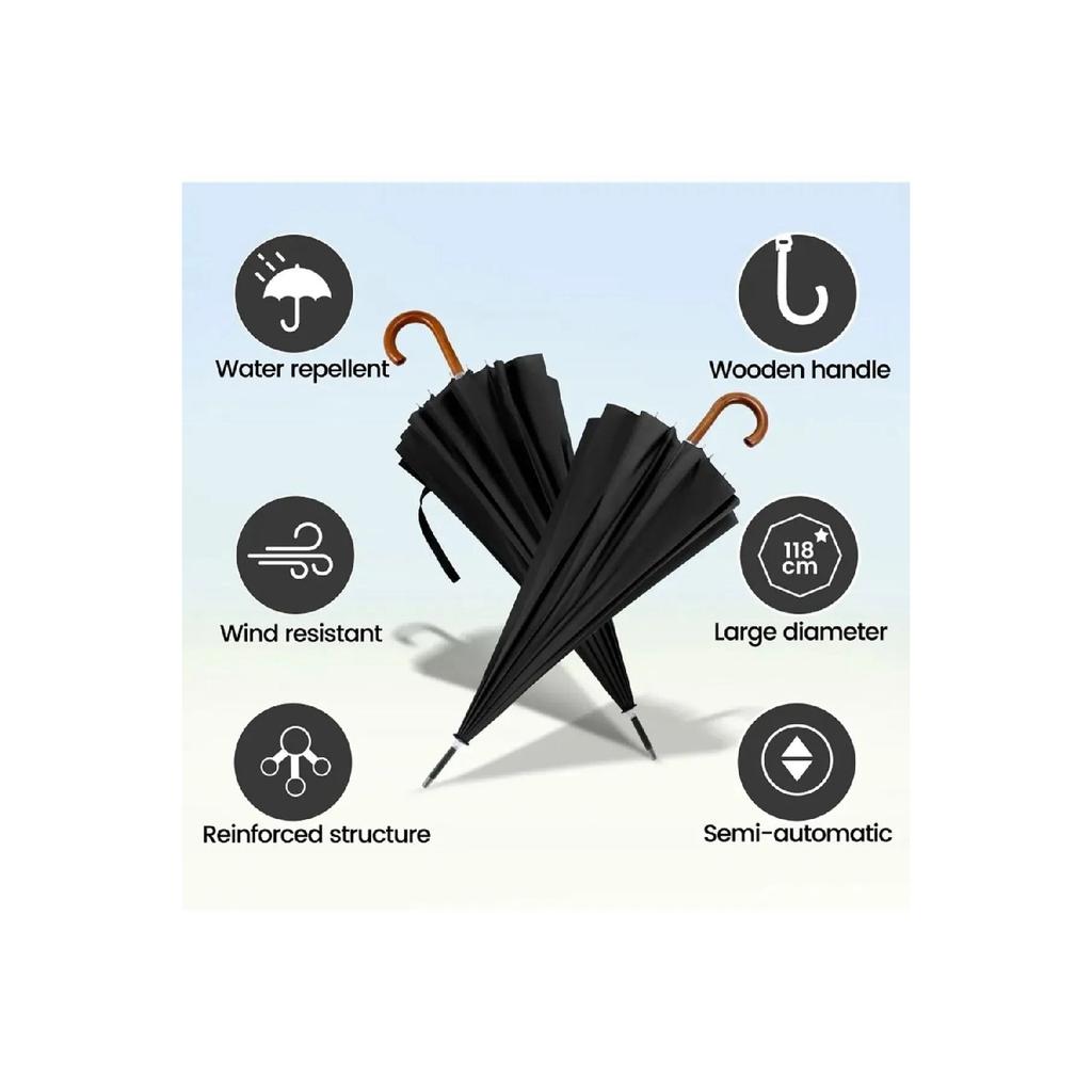 16 String Protocol Large Size Walking Stick Umbrella Fiber Umbrella Rain Umbrella (black)