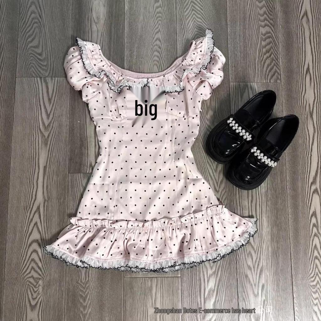 Сладкая облегающая футболка с коротким рукавом в горошек Y2K с французским бантом