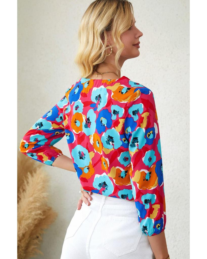 Azura Exchange Блузка с V-образным вырезом и рукавом 3/4 с цветочным принтом