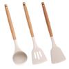 Non-Stick Silicone Cooking Utensils Set, 3 Pcs With Wooden Handle, Silicone Kitchen Gadgets (Cream, 3)