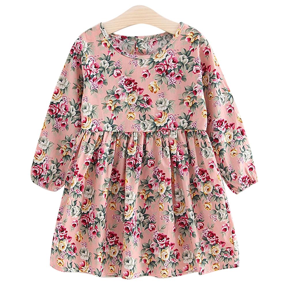 Хлопковое детское платье с длинными рукавами и цветочным принтом для девочек