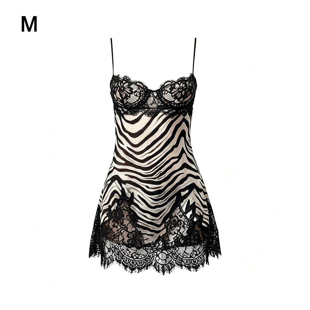 Lace Trim Zebra Print Dress Deep V Neck Satin Gown Dress Sexy Spaghetti Strap Dress Summer Season