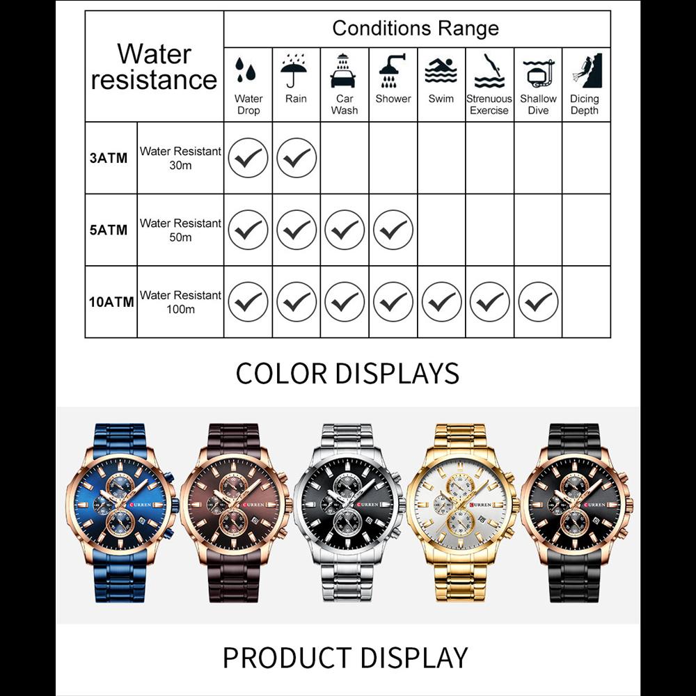 CURREN Luxury Brand Sports Quartz Watches Men Watch with Luminous Hands Chronograph Auto Date Fashion Stainless Steel Wristwatch