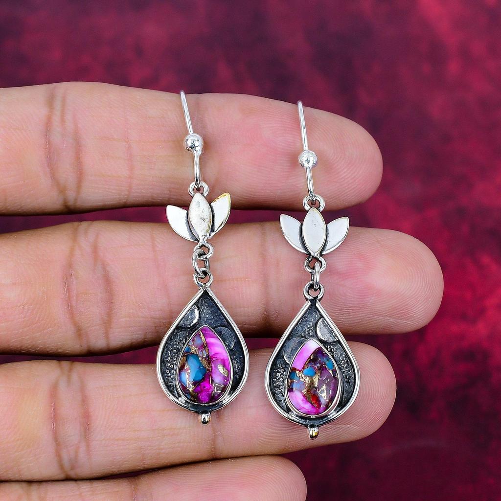 Розовые серьги с колючей устрицей и бирюзой, ювелирные изделия с драгоценными камнями, серьги из стерлингового серебра 925 пробы, ювелирные изделия ручной работы, серьги с камнем-талисманом, подарок для него