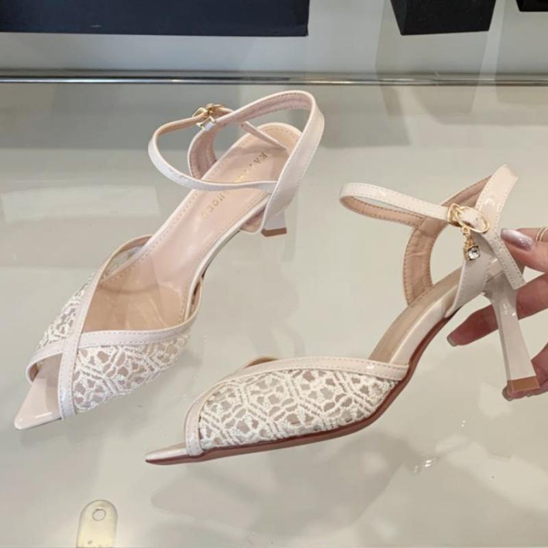 Fashion Luxury Mesh Thin High Heel Women Sandals Summer Fashion Pointed Toe Shallow Slide Shoes Comfort Elegant Belt Buckle Ladies Shoes