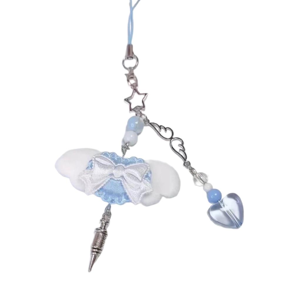 Handmade Angel Wing Phone Pendant Sweet Ribbon Bowknot Keychain Heart Beaded Phone Lanyard Acrylic Keyring Ornament