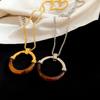 Circle Pendant Amber Splicing Necklace Stainless Steel Chain Sweater Chain  Birthday Gift