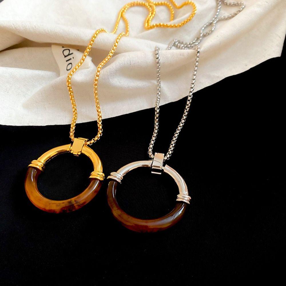 Circle Pendant Amber Splicing Necklace Stainless Steel Chain Sweater Chain  Birthday Gift