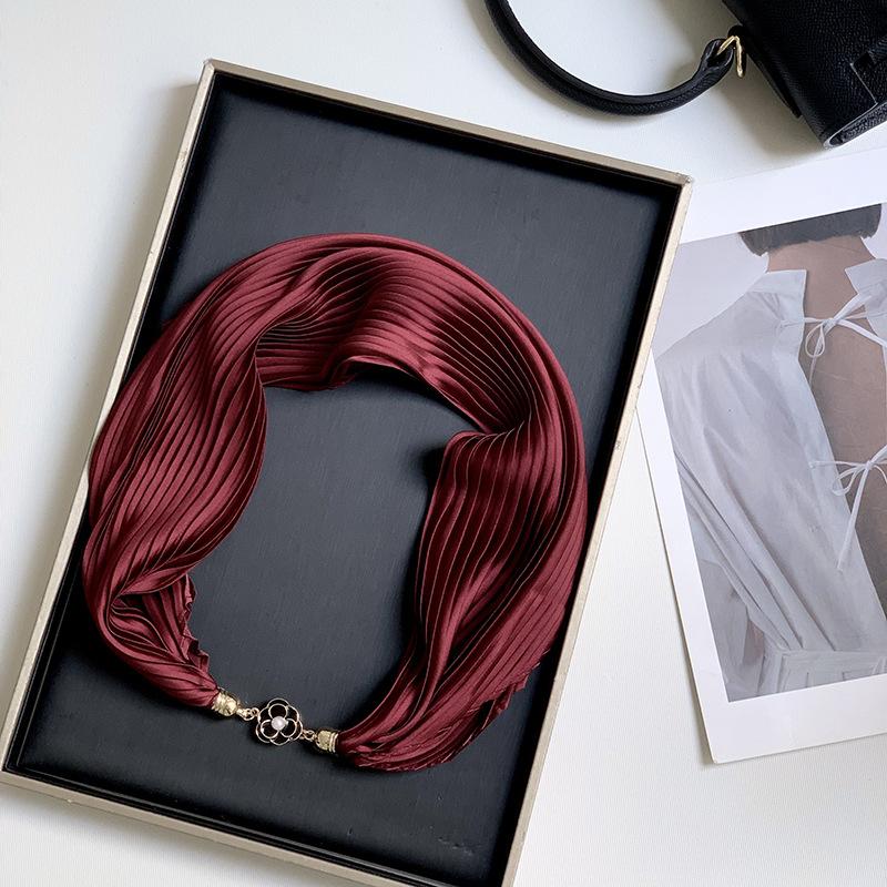 Новый монохромный магнитный шелковый шарф-ожерелье для женщин, плиссированный летний солнцезащитный головной платок, декоративный шарф