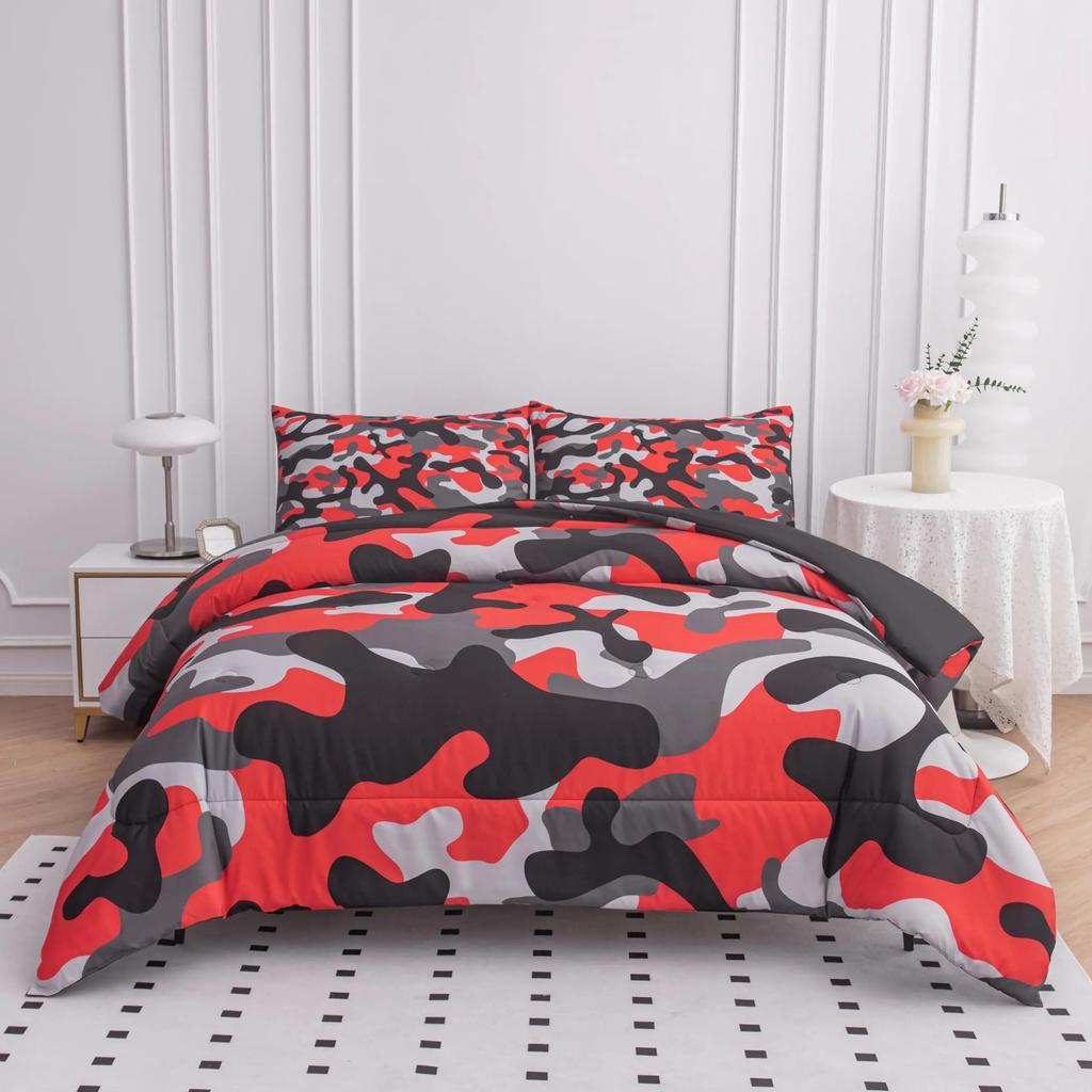 Grey Camo Comforter Bedding Set Full Size, Camouflage Army Design Bedding Collections For Kid Boy, Soft All-Season Bed Set