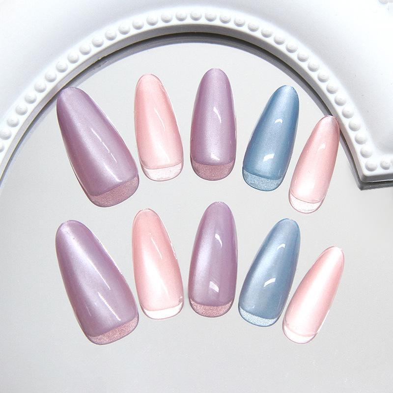 24Pcs Rainbow Cat Eye Glass Bead Press On Nails Sweet Almond Colorful Flash Fake Nails Spring Summer Clear Wearable Artificial Nails