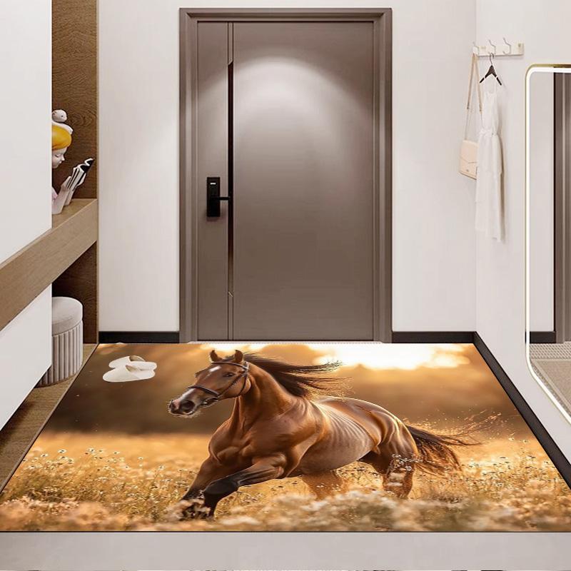 Running Brown Horse Wildflower Field Sunset Print Area Rug Wildlife Animal Non Slip Rectangular Floor Mat Horse Lover Gaming Room Bedroom Decor Rug