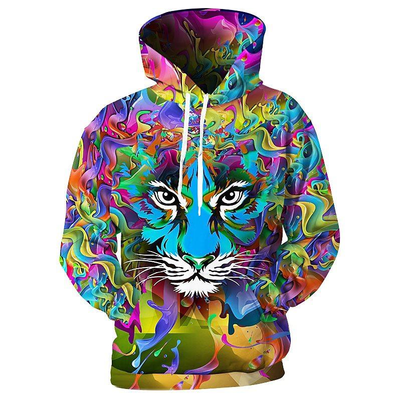 Colorful Animal Graffiti 3D Digital Printing Men's Personalized Trendy Hooded Sweatshirt
