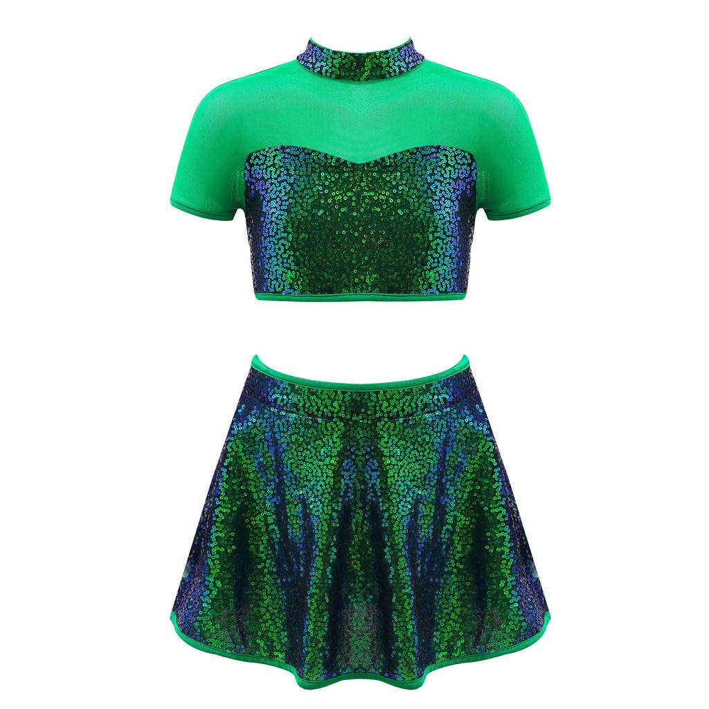 Детский блестящий танцевальный костюм для девочек, кроп-топ со стойкой, сетчатая вставка, открытая спина, с юбкой