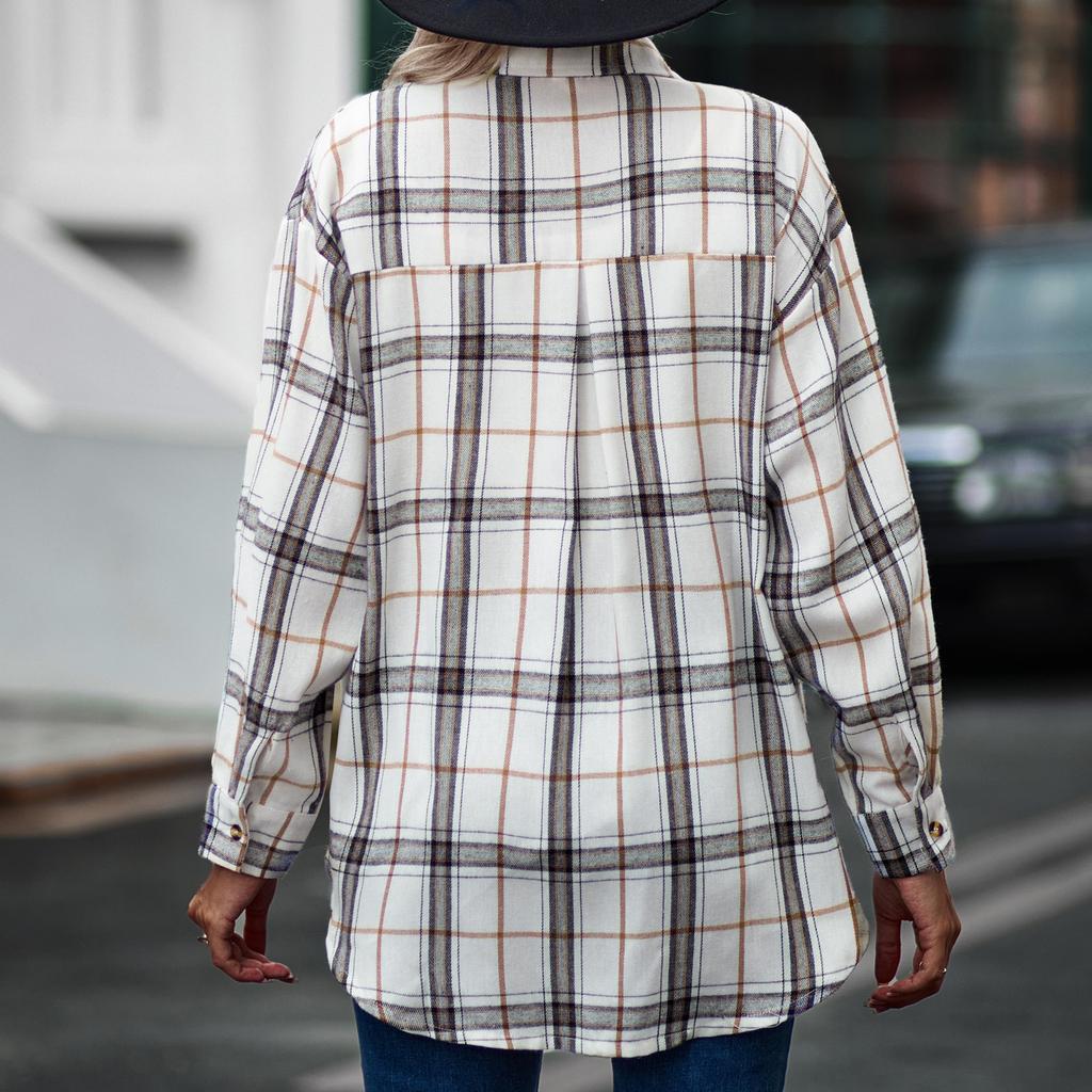 Модные женские повседневные топы в клетку с длинным рукавом и воротником-стойкой, пальто