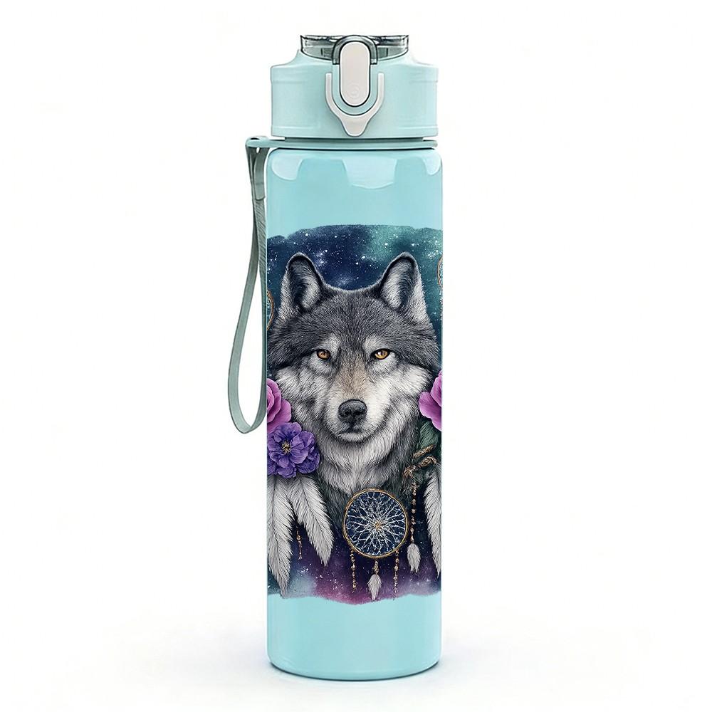 1PC Wolf Flower Wreath Dark Portrait 750ml Color Plastic Sports Water Bottle Leakproof Flip Straw Lid Suitable for Sports Office Home Use