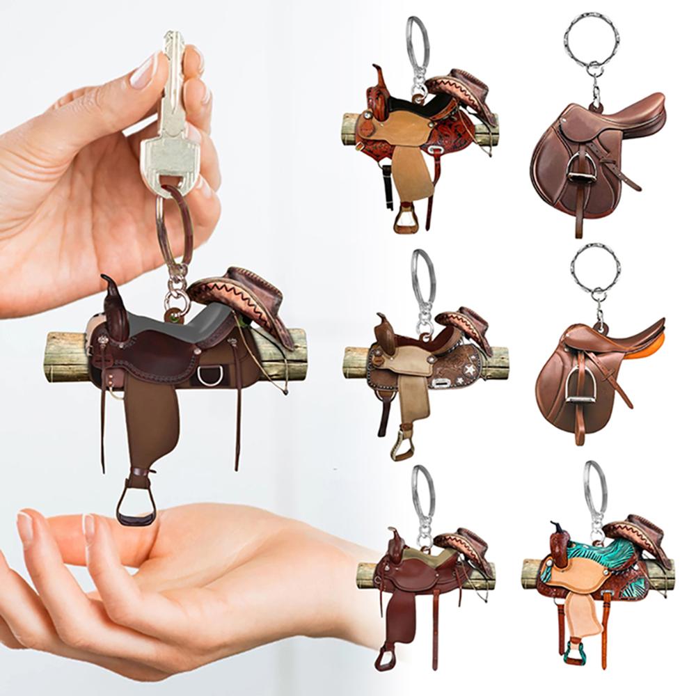 Horse Western Cowboy Saddle Shape Keychain Acrylic Charm Pendant Hanging Keyring Decoration Car Key Rings Holder Gifts Not 3D