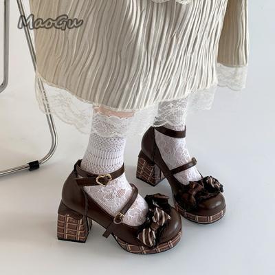 Модная милая обувь Лолита на высоком каблуке, туфли на платформе, с бантом и ремешками на щиколотке, женские туфли Мэри Джейн, студенческие туфли-лодочки на массивном каблуке, размер 35-40